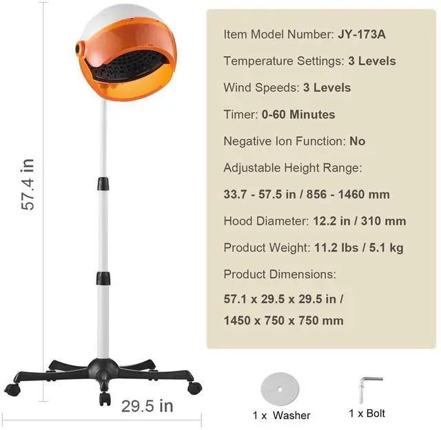 Alt view image 14 of 14 - VEVOR Professional Hooded Dryer, 1875W High-Power Bonnet Hair Dryer, Sit Under Hair Dryer with Timer, 3 Temp Settings & Wind Speed, Floor Standing Rolling Base with Wheels for Beauty Salon Home Spa