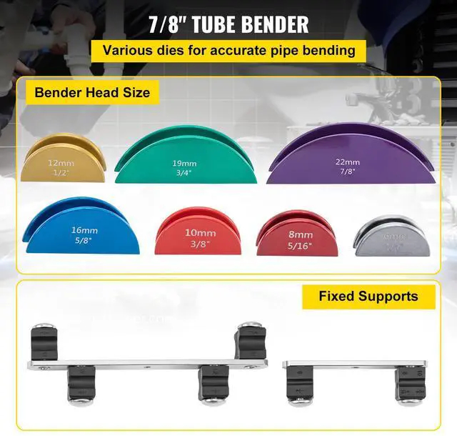 Alt view image 12 of 15 - VEVOR Copper Pipe Bender, 7 Colorful Dies 1/4-7/8 inch 90 Degrees Forward and Reverse Bending, 6-22 mm for Copper & Aluminum Tubes with Reverse Bend Attachment