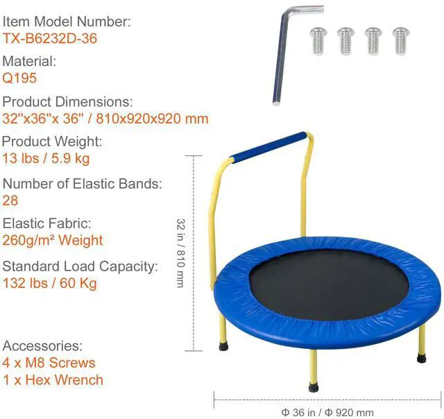 Alt view image 15 of 15 - VEVOR 3FT Trampoline for Kids Indoor/Outdoor Foldable Baby Toddlers Trampoline