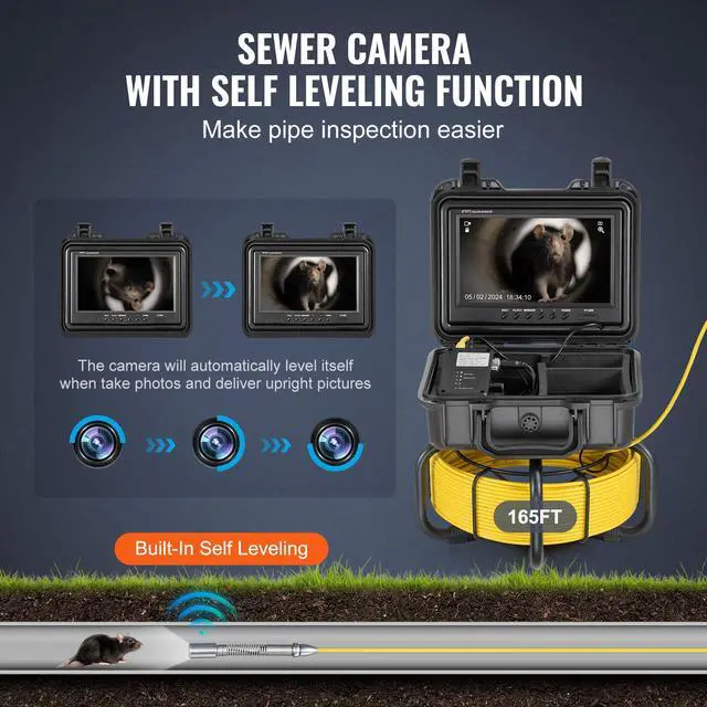 Alt view image 3 of 8 - VEVOR Sewer Camera, 165 ft/50m, Self-Leveling Pipeline Inspection Camera with 9" 1080P HD Screen, 36X Zoom, IP68 Waterproof Plumbing Camera with Lights-12 LED, 32GB Card Snake Camera for Duct Pipe