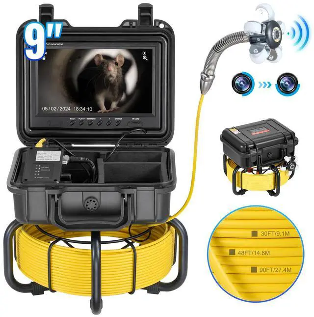 Alt view image 2 of 8 - VEVOR Sewer Camera, 165 ft/50m, Self-Leveling Pipeline Inspection Camera with 9" 1080P HD Screen, 36X Zoom, IP68 Waterproof Plumbing Camera with Lights-12 LED, 32GB Card Snake Camera for Duct Pipe