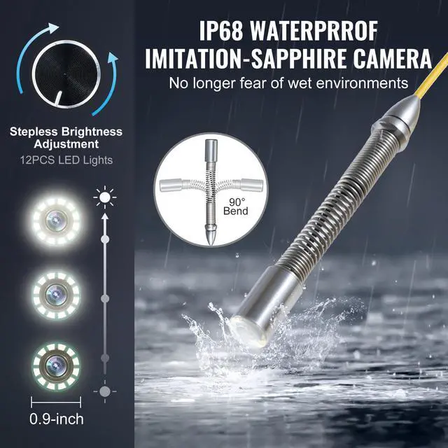 Alt view image 5 of 8 - VEVOR Sewer Camera, 165 ft/50m, Self-Leveling Pipeline Inspection Camera with 9" 1080P HD Screen, 36X Zoom, IP68 Waterproof Plumbing Camera with Lights-12 LED, 32GB Card Snake Camera for Duct Pipe