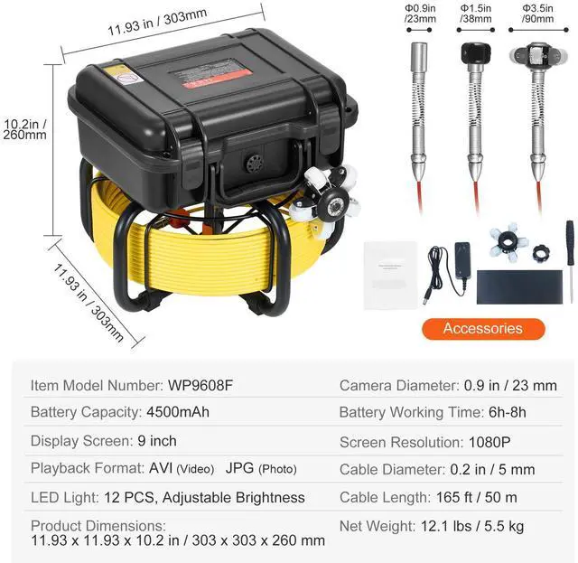 Alt view image 8 of 8 - VEVOR Sewer Camera, 165 ft/50m, Self-Leveling Pipeline Inspection Camera with 9" 1080P HD Screen, 36X Zoom, IP68 Waterproof Plumbing Camera with Lights-12 LED, 32GB Card Snake Camera for Duct Pipe