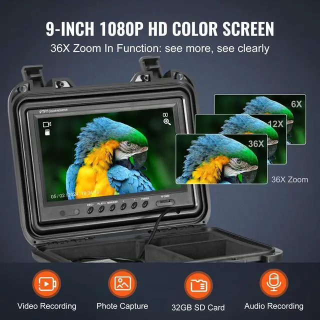 Alt view image 4 of 8 - VEVOR Sewer Camera, 165 ft/50m, Self-Leveling Pipeline Inspection Camera with 9" 1080P HD Screen, 36X Zoom, IP68 Waterproof Plumbing Camera with Lights-12 LED, 32GB Card Snake Camera for Duct Pipe