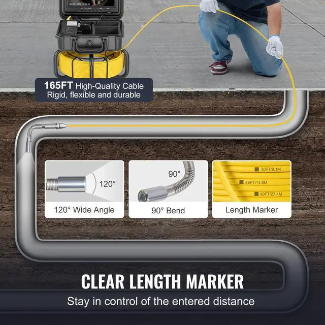 Alt view image 6 of 8 - VEVOR Sewer Camera, 165 ft/50m, Self-Leveling Pipeline Inspection Camera with 9" 1080P HD Screen, 36X Zoom, IP68 Waterproof Plumbing Camera with Lights-12 LED, 32GB Card Snake Camera for Duct Pipe