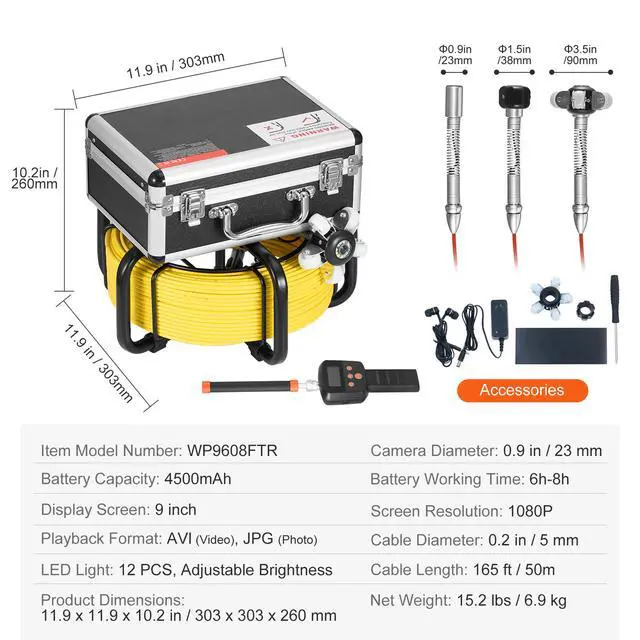 Alt view image 7 of 7 - Sewer Camera with 512Hz Locator,165 ft/50 m, Self-Leveling Drain Inspection Camera with  9" 1080P HD Screen, 36X Zoom, Snake Plumbing Camera with Lights-12 LED, 32GB SD Card for Duct Pipe
