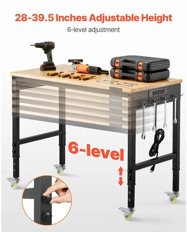 Alt view image 4 of 8 - VEVOR 48-Inch Adjustable Workbench, 2000 lbs Load, Work Bench with Power Outlet, Wheels, and Pegboard, Heavy Duty Oak Wood Top Work Table for Garage, Workshop, Office, and Home