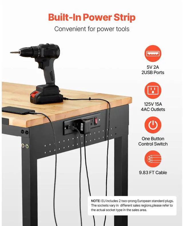 Alt view image 6 of 8 - VEVOR 48-Inch Adjustable Workbench, 2000 lbs Load, Work Bench with Power Outlet, Wheels, and Pegboard, Heavy Duty Oak Wood Top Work Table for Garage, Workshop, Office, and Home