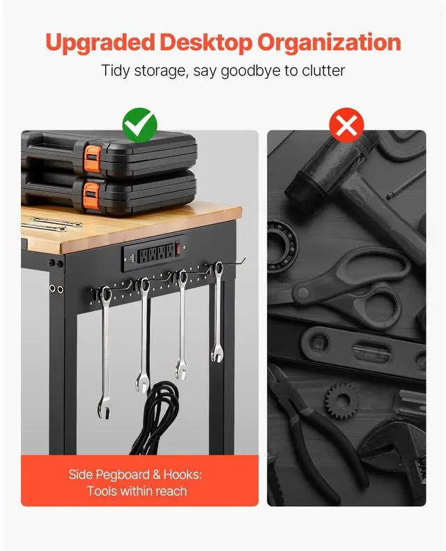 Alt view image 7 of 8 - VEVOR 48-Inch Adjustable Workbench, 2000 lbs Load, Work Bench with Power Outlet, Wheels, and Pegboard, Heavy Duty Oak Wood Top Work Table for Garage, Workshop, Office, and Home