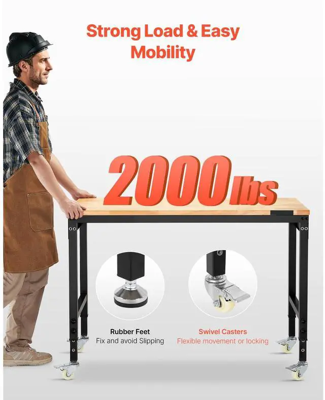 Alt view image 3 of 8 - VEVOR 48-Inch Adjustable Workbench, 2000 lbs Load, Work Bench with Power Outlet, Wheels, and Pegboard, Heavy Duty Oak Wood Top Work Table for Garage, Workshop, Office, and Home