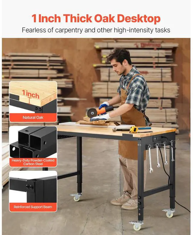 Alt view image 5 of 8 - VEVOR 48-Inch Adjustable Workbench, 2000 lbs Load, Work Bench with Power Outlet, Wheels, and Pegboard, Heavy Duty Oak Wood Top Work Table for Garage, Workshop, Office, and Home