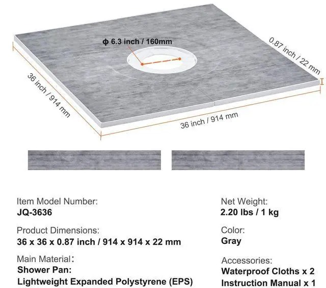 Alt view image 13 of 13 - VEVOR Shower Curb Kit, 36"x36" Shower Pan Kit with 6.3" Central Drain, Lightweight EPS Shower Installation Kits with 2 Waterproof Cloths, Shower Pan Slope Sticks Fit for Bathroom