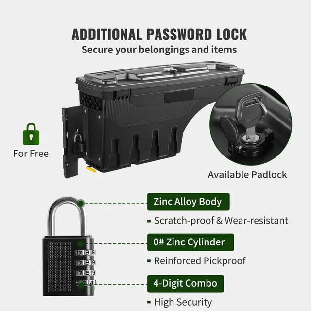 Alt view image 10 of 15 - VEVOR Truck Bed Storage Box, Lockable Lid, Waterproof ABS Wheel Well Tool Box 6.6 Gal/20 L with Password Padlock, Compatible with Tundra 2007-2021, Driver Side, Black