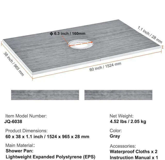 Alt view image 14 of 14 - VEVOR Shower Curb Kit, 60"x38" Shower Pan Kit with 6.3" Central Drain, Lightweight EPS Shower Installation Kits with 2 Waterproof Cloths, Shower Pan Slope Sticks Fit for Bathroom