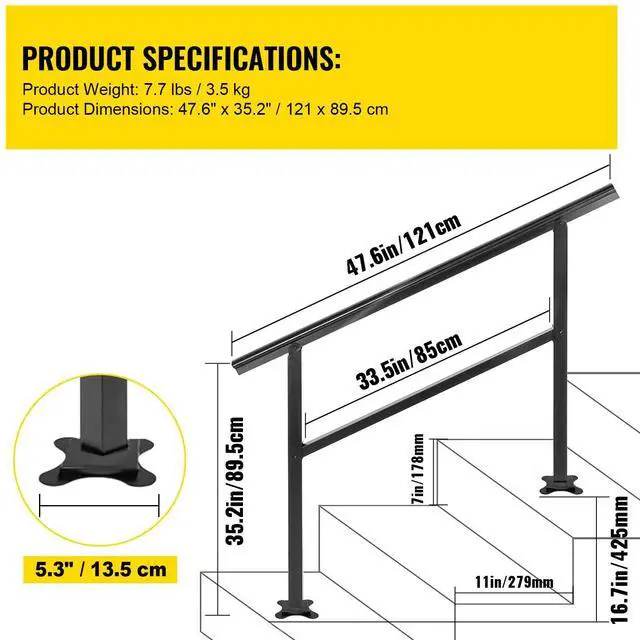 Alt view image 7 of 7 - Handrail Outdoor Stairs 47.6 X 35.2 Inch Outdoor Handrail Outdoor Stair Railing Adjustable from 0 to 30 Degrees Handrail for Stairs Outdoor Aluminum Black Stair Railing Fit 3-4 Steps