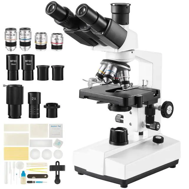 Alt view image 8 of 14 - VEVOR Compound Trinocular Microscope, 40X-5000X Magnification Trinocular Compound Lab Microscope with Two-Layer Mechanical Stage, External Interface, LED Illumination and Microscope Slides Included