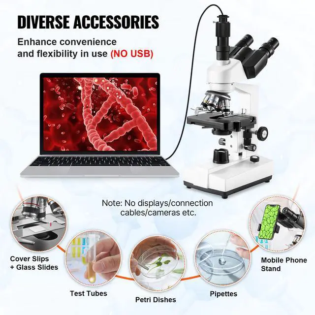 Alt view image 12 of 14 - VEVOR Compound Trinocular Microscope, 40X-5000X Magnification Trinocular Compound Lab Microscope with Two-Layer Mechanical Stage, External Interface, LED Illumination and Microscope Slides Included