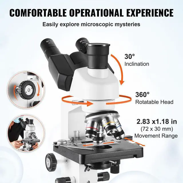 Alt view image 11 of 14 - VEVOR Compound Trinocular Microscope, 40X-5000X Magnification Trinocular Compound Lab Microscope with Two-Layer Mechanical Stage, External Interface, LED Illumination and Microscope Slides Included