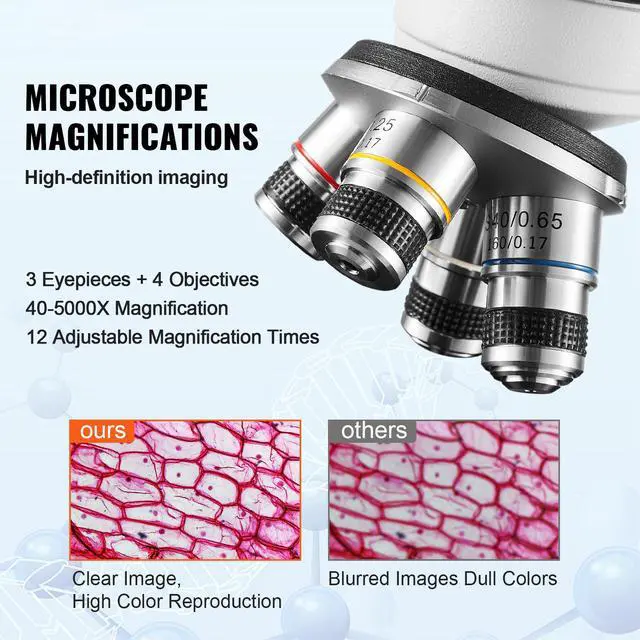 Alt view image 9 of 14 - VEVOR Compound Trinocular Microscope, 40X-5000X Magnification Trinocular Compound Lab Microscope with Two-Layer Mechanical Stage, External Interface, LED Illumination and Microscope Slides Included