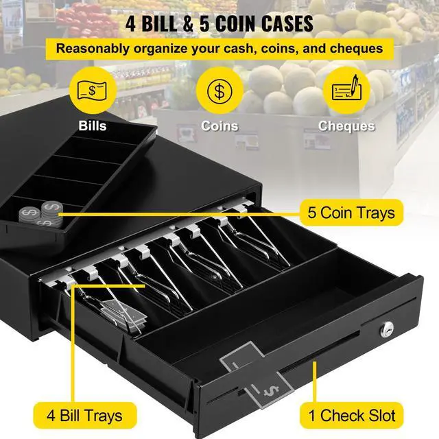 Alt view image 6 of 9 - VEVOR Cash Register Drawer, 13" 12 V, for POS System with 4 Bill 5 Coin Cash Tray, Removable Coin Compartment & 2 Keys Included, RJ11/RJ12 Cable for Supermarket, Bar, Coffee Shop, Restaurant