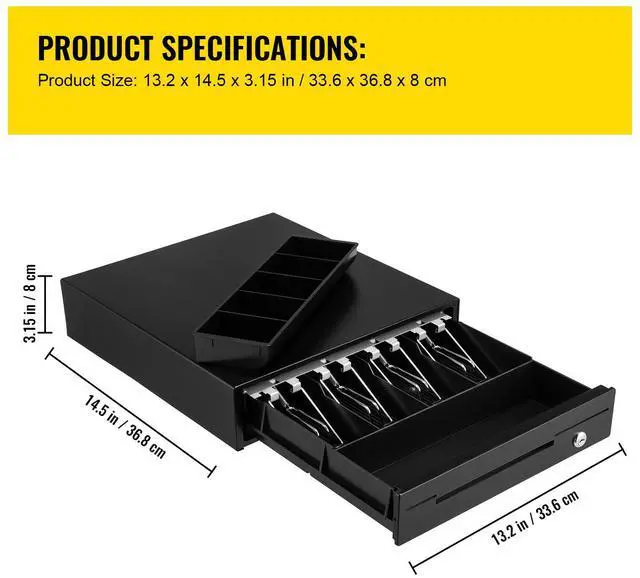 Alt view image 9 of 9 - VEVOR Cash Register Drawer, 13" 12 V, for POS System with 4 Bill 5 Coin Cash Tray, Removable Coin Compartment & 2 Keys Included, RJ11/RJ12 Cable for Supermarket, Bar, Coffee Shop, Restaurant