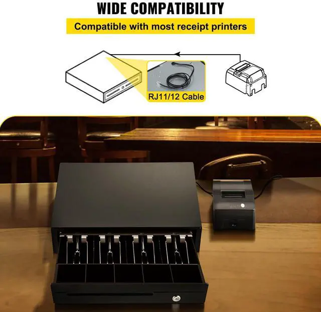 Alt view image 8 of 9 - VEVOR Cash Register Drawer, 13" 12 V, for POS System with 4 Bill 5 Coin Cash Tray, Removable Coin Compartment & 2 Keys Included, RJ11/RJ12 Cable for Supermarket, Bar, Coffee Shop, Restaurant