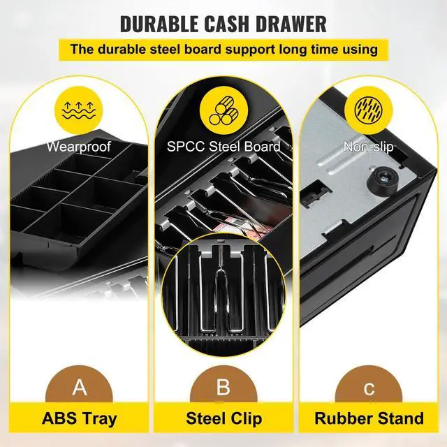 Alt view image 7 of 11 - VEVOR Cash Register Drawer, 16" 12 V, for POS System with 5 Bill 8 Coin Cash Tray, Removable Coin Compartment & 2 Keys Included, RJ11/RJ12 Cable for Supermarket, Bar, Coffee Shop, Restaurant