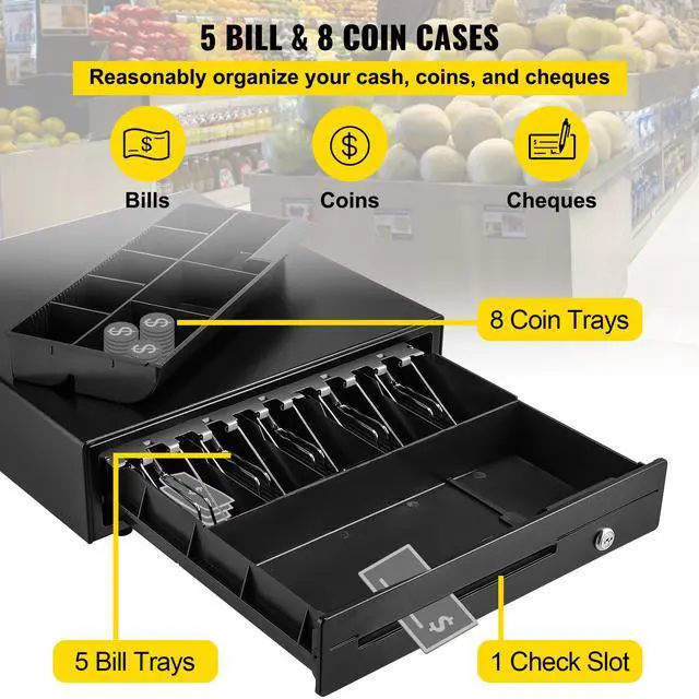 Alt view image 8 of 11 - VEVOR Cash Register Drawer, 16" 12 V, for POS System with 5 Bill 8 Coin Cash Tray, Removable Coin Compartment & 2 Keys Included, RJ11/RJ12 Cable for Supermarket, Bar, Coffee Shop, Restaurant