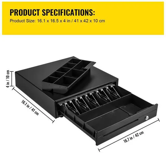 Alt view image 11 of 11 - VEVOR Cash Register Drawer, 16" 12 V, for POS System with 5 Bill 8 Coin Cash Tray, Removable Coin Compartment & 2 Keys Included, RJ11/RJ12 Cable for Supermarket, Bar, Coffee Shop, Restaurant