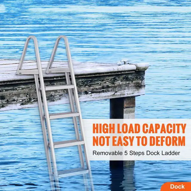 Alt view image 10 of 15 - VEVOR Dock Ladder, Removable 5 Steps, 350 lbs Load Capacity, Aluminum Alloy Pontoon Boat Ladder with 4'' Wide Step & Nonslip Rubber Mat, Easy to Install for Ship/Lake/Pool/Marine Boarding