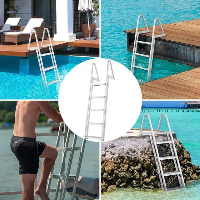 Alt view image 14 of 15 - VEVOR Dock Ladder, Removable 5 Steps, 350 lbs Load Capacity, Aluminum Alloy Pontoon Boat Ladder with 4'' Wide Step & Nonslip Rubber Mat, Easy to Install for Ship/Lake/Pool/Marine Boarding