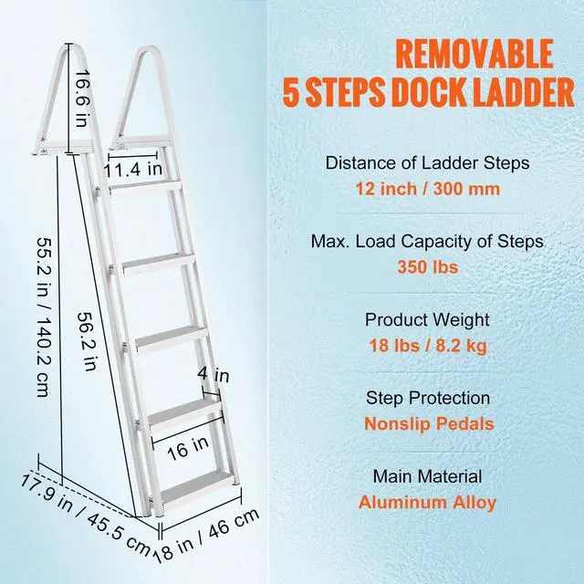 Alt view image 15 of 15 - VEVOR Dock Ladder, Removable 5 Steps, 350 lbs Load Capacity, Aluminum Alloy Pontoon Boat Ladder with 4'' Wide Step & Nonslip Rubber Mat, Easy to Install for Ship/Lake/Pool/Marine Boarding