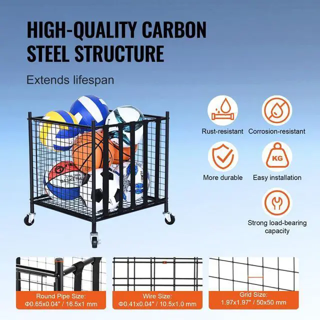 Alt view image 12 of 14 - VEVOR Rolling Sports Ball Storage Cart, Lockable Basketball Cage with Elastic Straps, Sport Equipment Holder Organizer for Indoor Outdoor, Steel Storage Rack for Garages, Playgroup, Gym and Schools