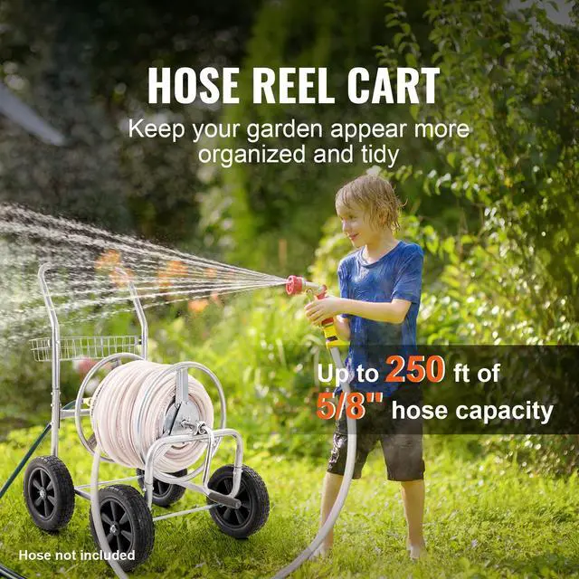 Alt view image 9 of 14 - VEVOR Hose Reel Cart, Hold Up to 250 ft of 5/8 Hose, Garden Water Hose Carts Mobile Tools with 4 Wheels, Heavy Duty Powder-coated Steel Outdoor Planting with Storage Basket, for Garden, Yard, Lawn