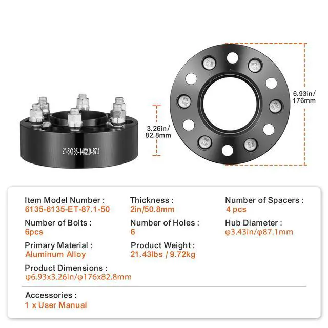 Alt view image 9 of 9 - VEVOR 2" 6"x5.3" Wheel Spacers Wheel Adapters 6 Lug Forged Spacer 4 PCS Black