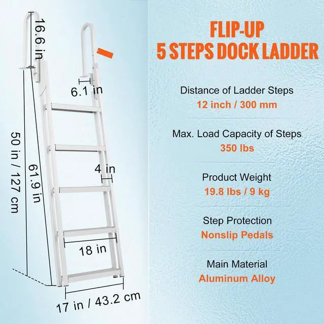 Alt view image 15 of 15 - VEVOR Dock Ladder, Flip-Up 5 Steps, 350 lbs Load Capacity, Aluminum Alloy Pontoon Boat Ladder with 4'' Wide Step & Nonslip Rubber Mat, Easy to Install for Ship/Lake/Pool/Marine Boarding
