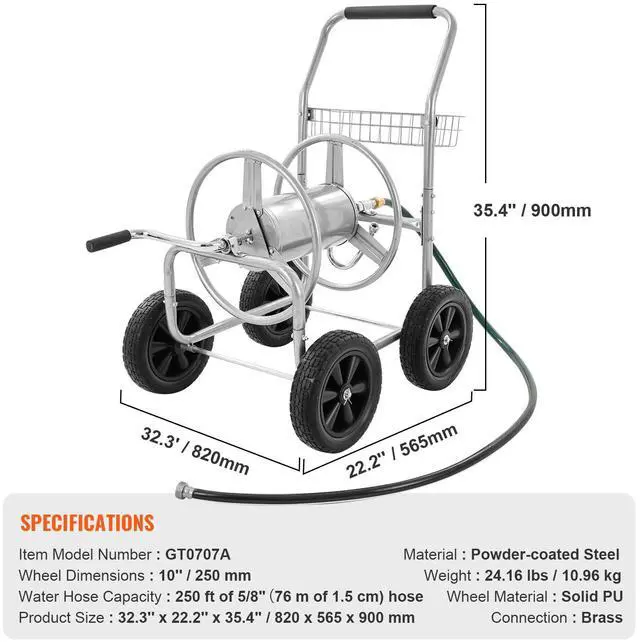 Alt view image 14 of 14 - VEVOR Hose Reel Cart, Hold Up to 250 ft of 5/8 Hose, Garden Water Hose Carts Mobile Tools with 4 Wheels, Heavy Duty Powder-coated Steel Outdoor Planting with Storage Basket, for Garden, Yard, Lawn