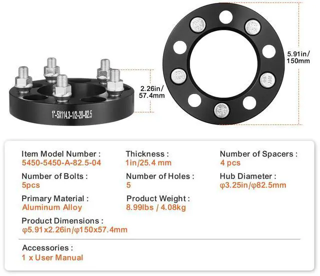 Alt view image 14 of 14 - VEVOR 1" 5"x4.5" Wheel Spacers Wheel Adapters 5 Lug Forged Spacer 4 PCS Black