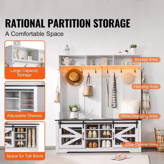 Alt view image 4 of 9 - VEVOR Hall Tree Entryway Bench, LED Coat Rack with Shoe Storage, 59" Wide Mudroom Bench with Storage and Seating, Adjustable Shelves and 12 Hanging Hooks, for Mudroom, Entryway, Hallway