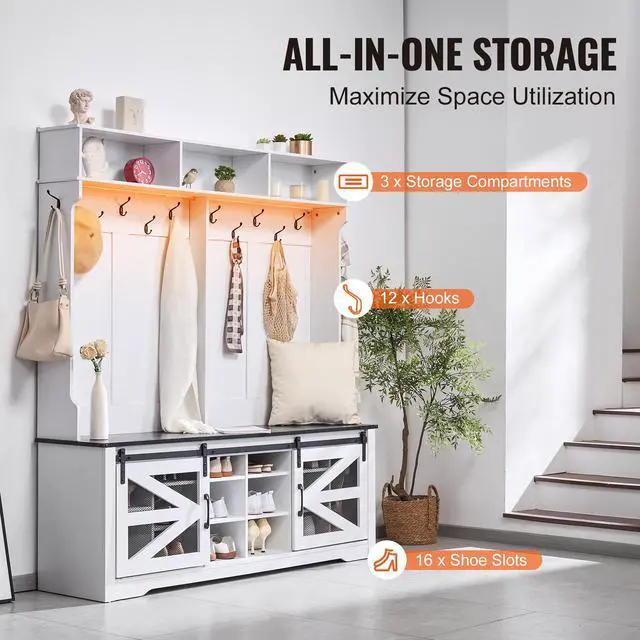 Alt view image 5 of 9 - VEVOR Hall Tree Entryway Bench, LED Coat Rack with Shoe Storage, 59" Wide Mudroom Bench with Storage and Seating, Adjustable Shelves and 12 Hanging Hooks, for Mudroom, Entryway, Hallway