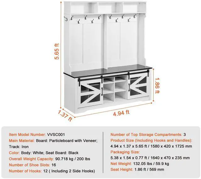 Alt view image 9 of 9 - VEVOR Hall Tree Entryway Bench, LED Coat Rack with Shoe Storage, 59" Wide Mudroom Bench with Storage and Seating, Adjustable Shelves and 12 Hanging Hooks, for Mudroom, Entryway, Hallway