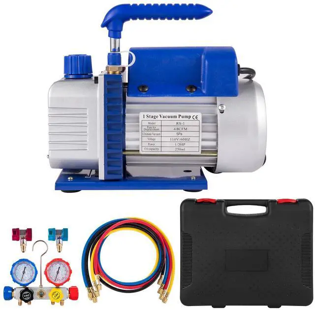 Main image of Suction Pump 4.8CFM 1/4 HP Single Stage for HVAC A/C Cooling Systems, 5PA Ultimate Vacuum, Manifold Gauge Kit R410A R134A R22, Includes 4-Way Gauge & Hose