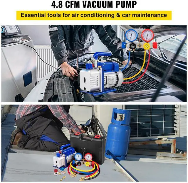 Alt view image 2 of 7 - Suction Pump 4.8CFM 1/4 HP Single Stage for HVAC A/C Cooling Systems, 5PA Ultimate Vacuum, Manifold Gauge Kit R410A R134A R22, Includes 4-Way Gauge & Hose