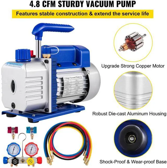 Alt view image 3 of 7 - Suction Pump 4.8CFM 1/4 HP Single Stage for HVAC A/C Cooling Systems, 5PA Ultimate Vacuum, Manifold Gauge Kit R410A R134A R22, Includes 4-Way Gauge & Hose