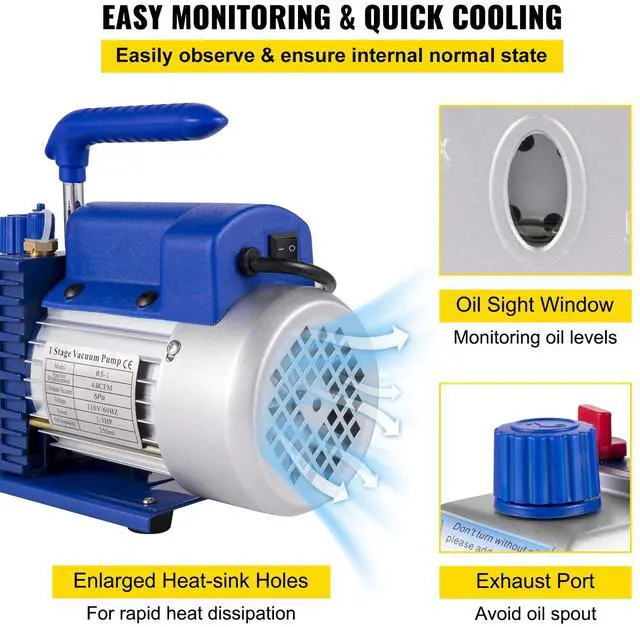 Alt view image 6 of 7 - Suction Pump 4.8CFM 1/4 HP Single Stage for HVAC A/C Cooling Systems, 5PA Ultimate Vacuum, Manifold Gauge Kit R410A R134A R22, Includes 4-Way Gauge & Hose