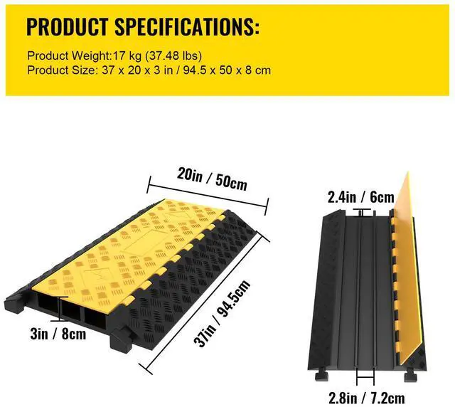 Alt view image 7 of 7 - Rubber Cable Guard, 3-Channel, 2 x 2.3 in - Durable Cord Protection Ramp for Driveways, 6600 lbs Capacity