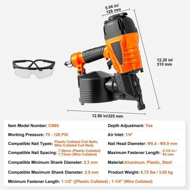 Alt view image 14 of 14 - VEVOR CN65 Coil Siding Nailer 1-1/4" to 2-1/2" 15 Degree Pneumatic Nail Gun