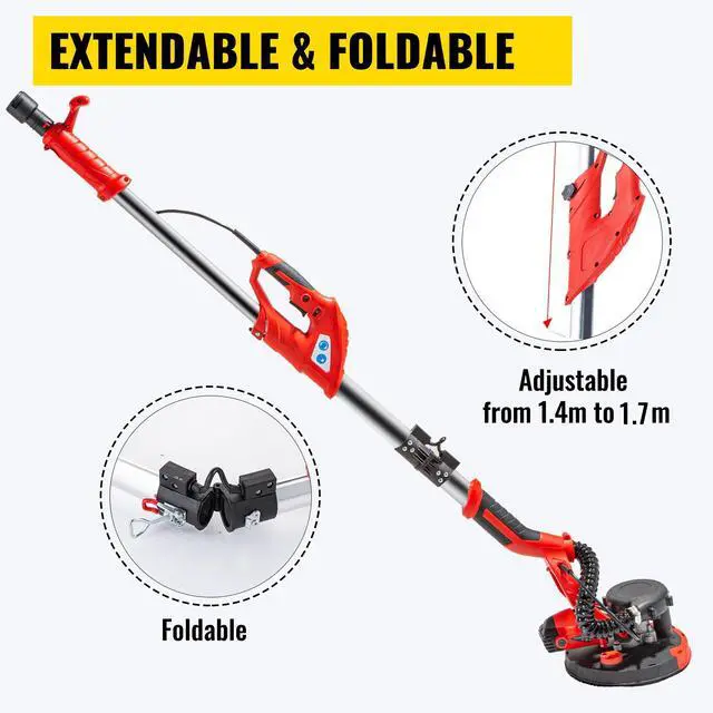 Alt view image 4 of 7 - Drywall Sander 850W Electric, Electric Sander Variable Speed 800-1750RPM, Drywall Sander Foldable Sheetrock Sander, with Telescope Handle, Vacuum Bag Drywall Sanders 6 Sand Pads