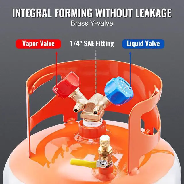Alt view image 13 of 14 - VEVOR  Refrigerant Recovery Tank, 50 LBS Capacity, 400 psi Portable Cylinder Tank with Y-Valve for Liquid/Vapor, High-sealing Recovery Can for R22/R134A/R410A, Orange+Gray