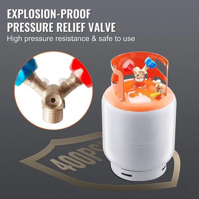 Alt view image 11 of 14 - VEVOR  Refrigerant Recovery Tank, 50 LBS Capacity, 400 psi Portable Cylinder Tank with Y-Valve for Liquid/Vapor, High-sealing Recovery Can for R22/R134A/R410A, Orange+Gray